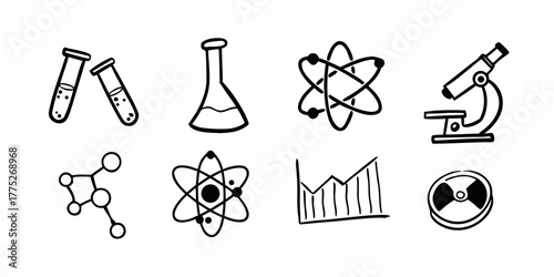 Doodle style science icons featuring test tubes, flask, atoms, microscope, molecule and graph elements