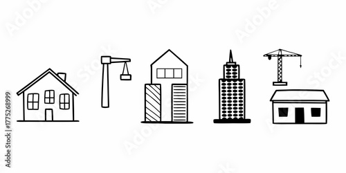 Illustration of houses, buildings, and cranes in a monochrome color scheme on a white background