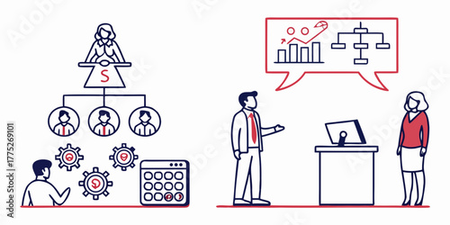 Organization hierarchy chart with team members and business meeting presentation scene depicted here