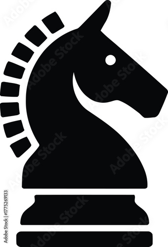 Black chess knight piece silhouette on white background Keywords: chess, knight, horse, piece
