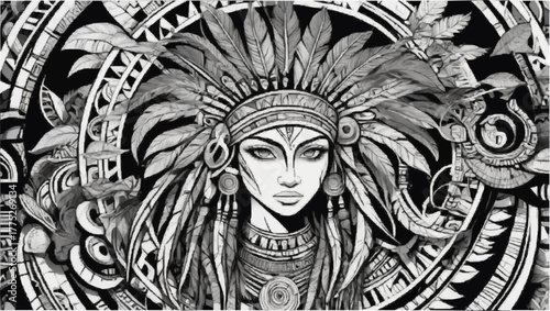 Black and white drawing of an Indian woman, showcasing traditional attire and intricate facial features