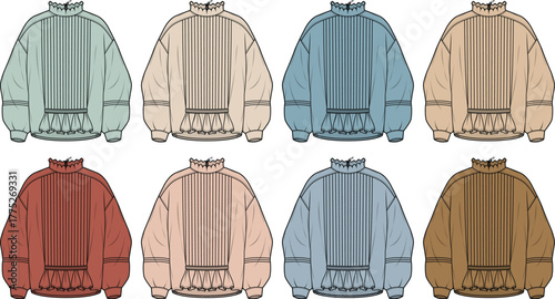 Collection of eight technical flat fashion illustrations showcasing diverse color options for a comfortable, high-neck pullover sweater featuring unique hem details