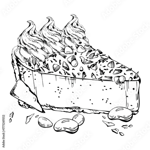 Zephyr meringue, chocolate souffle torte, layered cheesecake portion with whipped cream crown, candy dragees and chips in vector ink. Isolated hand drawn dessert. Patisserie signage, cookbook visuals.