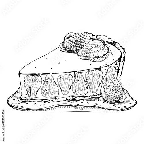 Cheesecake slice with whole and halved strawberries, layered berry sponge cake on a handmade ceramic dish. Hand drawn vector ink isolated illustration. Culinary poster designs, wedding favor cards