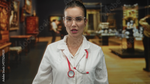 Young hispanic woman doctor wearing red stethoscope makes thumbs down gesture in building; disapproval frustration negativity rejection.