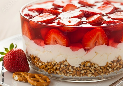  Close-up of a layered strawberry pretzel salad