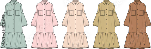 Vector illustration set of a women's long sleeve tiered shirt dress with chest pockets and a ruffled hem, shown in multiple colorways for apparel design