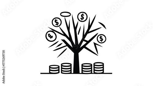 Icon of a money tree with coins and stacks on white background