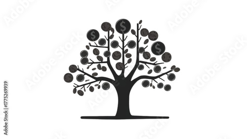 Silhouette money tree with dollar coins on white background
