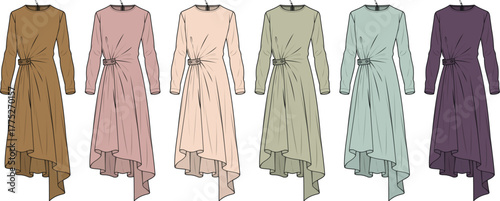 Elegant women's asymmetrical dresses in various earthy and jewel tones, showcasing modern fashion design and versatile styling for different occasions and seasons