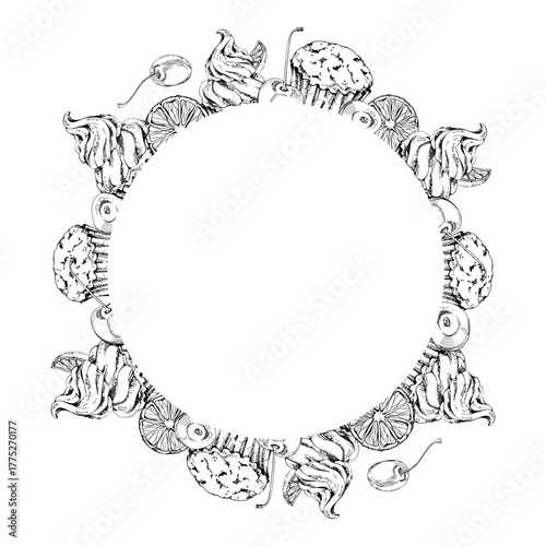 Vector ink muffins and cupcakes with zephyr top, fresh cherries, meringue swirls, and orange slices. Hand drawn isolated wreath illustration. Culinary invite frames, cafe signage, card decoration art.