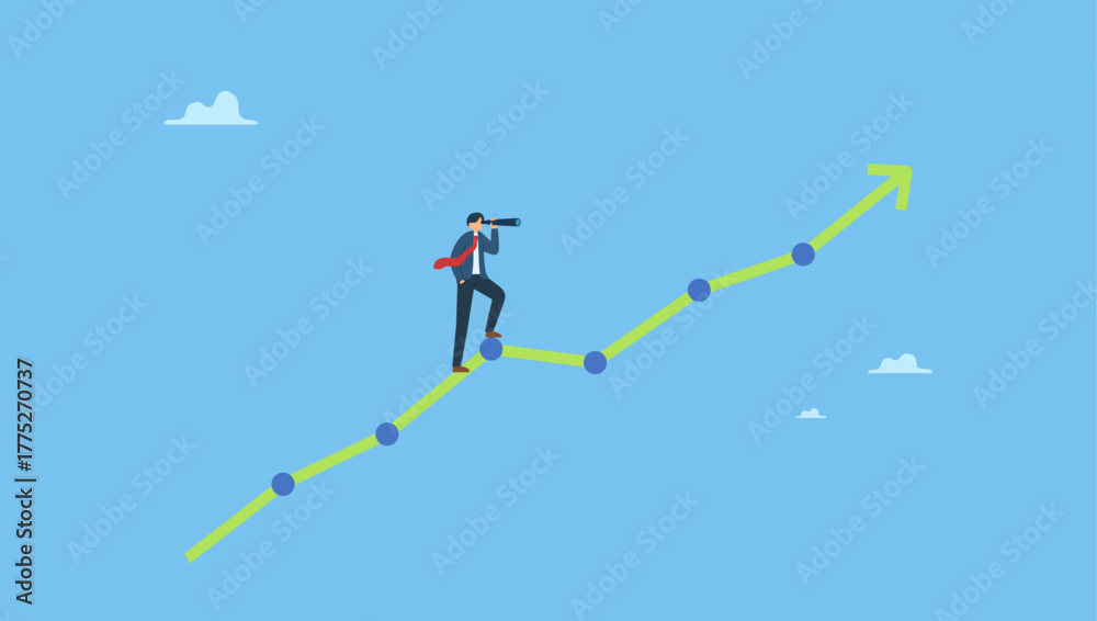 Naklejka premium Businessman look through telescope to see investment growing graph. Investment upside potential, economy prediction or forecast, vision or analyze future, business growth or earning increase.