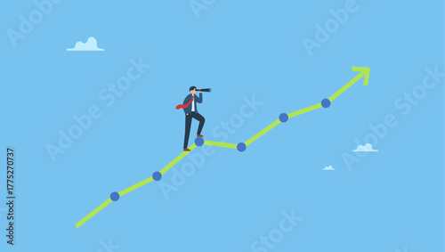 Businessman look through telescope to see investment growing graph. Investment upside potential, economy prediction or forecast, vision or analyze future, business growth or earning increase.