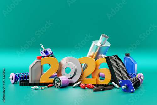 Greeting Christmas card with inscription 2026 and auto parts of the car on a green isolated background. Parts for car repair. Concept of new year and Christmas in the automotive industry.