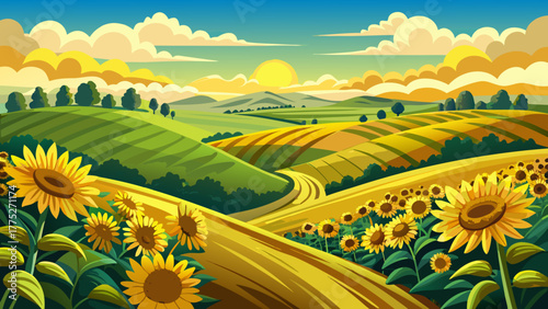 Very beautiful rolling hills of sunflowers in Kansas, USA, with abundant golden yellow blossoms stretching across the landscape under a bright sunny sky, creating a vibrant and cheerful scene.
