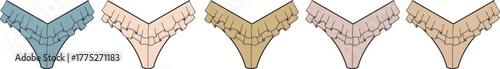 A set of elegant V-shaped thong panties with delicate lace ruffles. A vector illustration showcasing feminine intimate apparel in multiple neutral colors