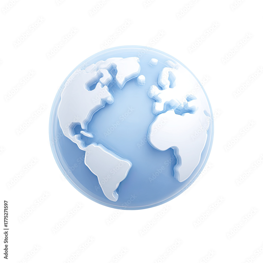 Fototapeta premium Pale blue 3D globe icon, simplified continents, smooth surface, subtle shading