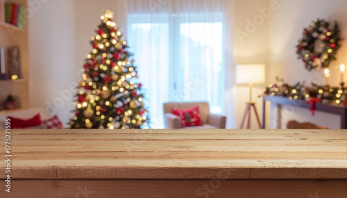 Christmas tree with gifts and holiday decorations in a festive living room interior