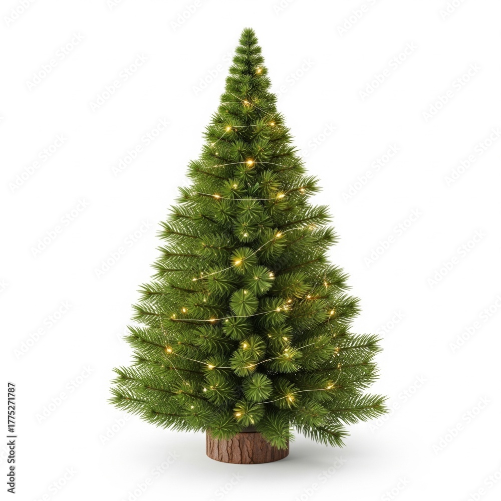 Fototapeta premium Small Christmas Tree with Green Needles and Warm Yellow Lights on White Background