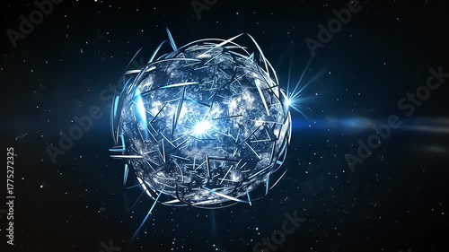 Futuristic rotating sphere with dynamic light flares in a deep space environment
