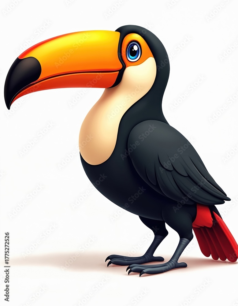 Obraz premium Cute cartoon toucan bird with big orange bill and black feathers stands on white background. Tropical avian creature, nature animal illustration for kids.