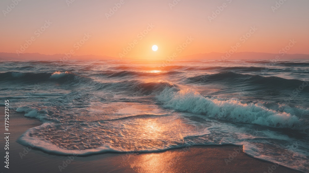 Fototapeta premium A serene sunset over ocean waves, casting warm hues across the sky and water, creating a tranquil and picturesque beach scene, relax background