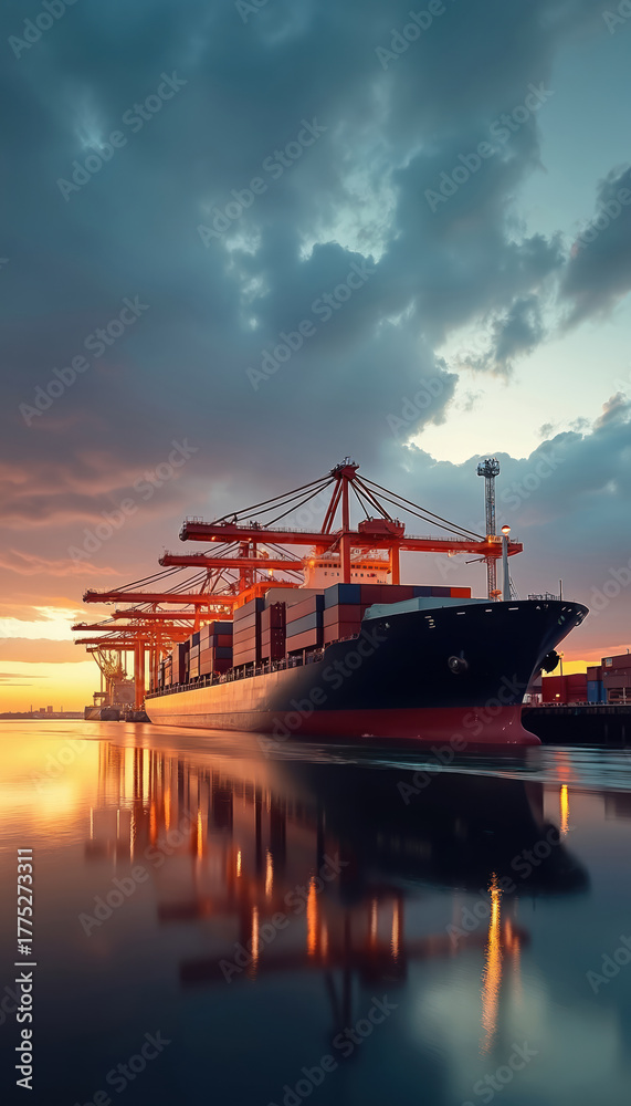 Fototapeta premium Large container ship stands docked with cranes during scenic sunset sky. Cargo ship reflects at port. Global trade, distribution by waterway transport. Maritime logistics industry at harbor, terminal.