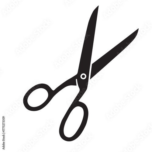 Black silhouette of an open pair of scissors with rounded handles and angled blades, shown on a white background. The design is clean and functional.