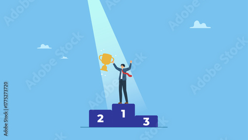 Proud businessman holding winner trophy on first place podium with spotlight. Business winning first place, success or victory, award winner or achievement, champion trophy or career success.