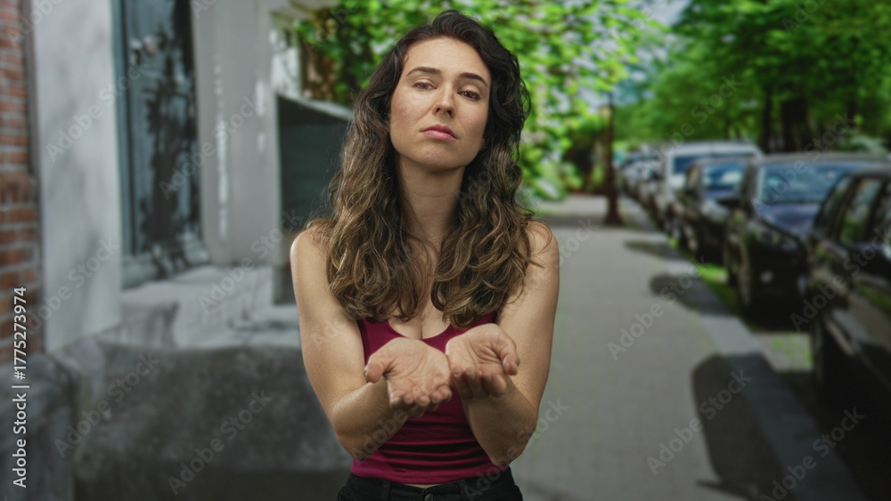 Fototapeta premium Woman holds out empty hands in a begging gesture with pleading gaze on city street; desperation.