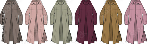 Collection of women's trench coats in various pastel colors arranged in a row