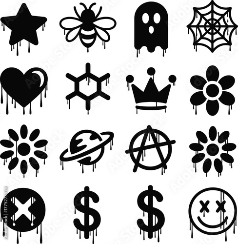 Collection of dripping graffiti style icons on white background