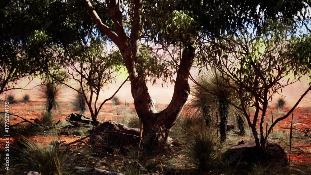 Fototapeta premium Sunlight filters through the branches of native trees in a desert landscape. The soil is rich with reddish hues, while grasses and shrubs thrive among rocky formations in the background.