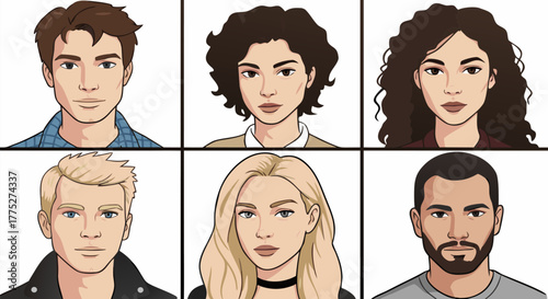 Diverse collection of illustrated headshots featuring a variety of people with different hairstyles and appearances