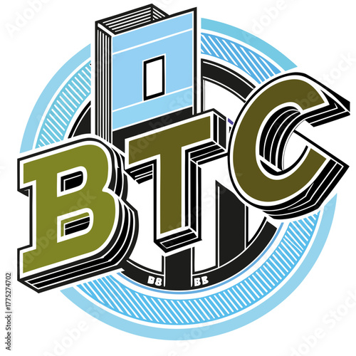 Bold 3d letters btc logo design with circular blue accents isolated on white background isolated on transparent background