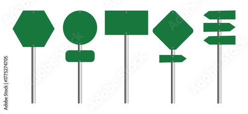 Blank signs vector for information of road direction, maps, text or banner. Set of green road signs.