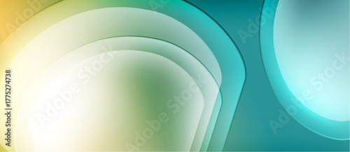 Abstract layers create flowing shapes. Colors transition from yellow, green, to teal. Smooth gradients suggest depth, light interplay.