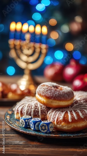 Festive scene with donuts and menorah lights during Hanukkah celebration at home