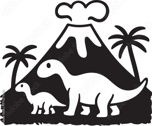 Dinosaurs and Volcano with Palm Trees Silhouette prehistoric