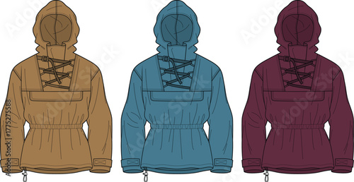Vector illustrations of three anorak jackets in brown, blue, and maroon, featuring hoods, front pockets, and lacing details. Ideal for fashion and casual outerwear design concepts