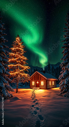 Cozy Winter Cabin Scene with Glowing Lights, Snow-Covered Trees, and Vivid Aurora Borealis Creating a Peaceful and Magical Nighttime Atmosphere

