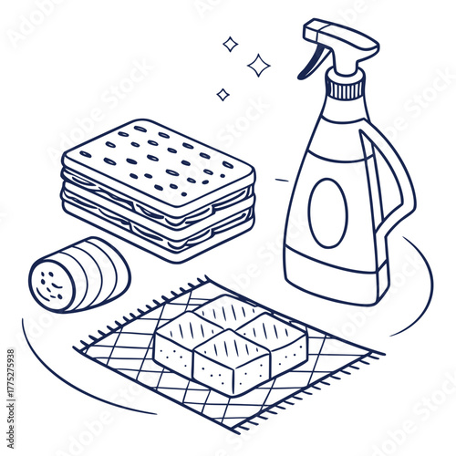Cleaning supplies on rug