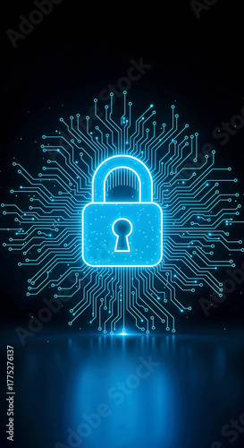 Glowing Blue Padlock Surrounded by Circuit Lines on Dark Background Symbolizing Cybersecurity, Digital Protection, and Data Privacy

