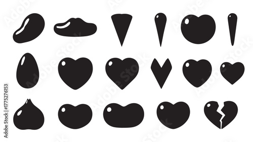 Collection of black heart bean and drop shapes on transparent background silhouette