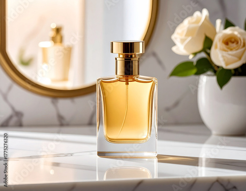 Sleek rectangular perfume bottle with golden flat cap on white marble vanity reflecting sunlight