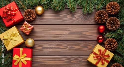 Holiday Season Decor: A charming arrangement of holiday gifts, ornaments, pinecones and evergreen branches sits artfully on a rustic wooden table, creating a festive atmosphere.
