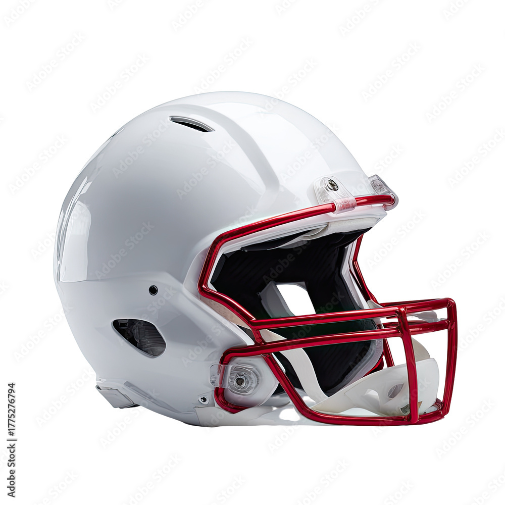 Fototapeta premium White football helmet with a red facemask, angled left, showcasing glossy finish and protective features