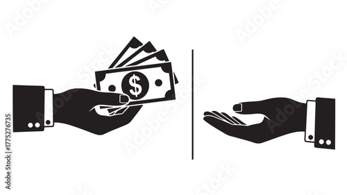 Money exchange between two hands depicted in black on transparent background silhouette