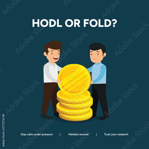 Two cartoon men deciding whether to hold or fold their crypto investment, standing behind a stack of gold coins, crypto investment concept