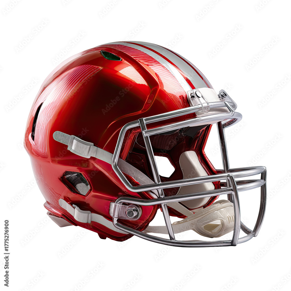 Fototapeta premium Glossy red football helmet with silver facemask and white stripes, angled view